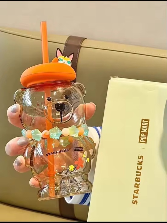 Starbucks Other - Starbucks Clear Bear Tumbler with Orange Lid and Pastel Beads